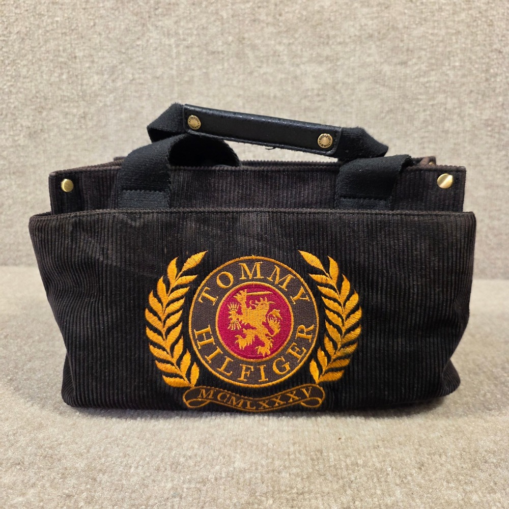 Tommy Hilfiger Corduroy Crest Tote Bag Brown Vintage Style Small Handbag